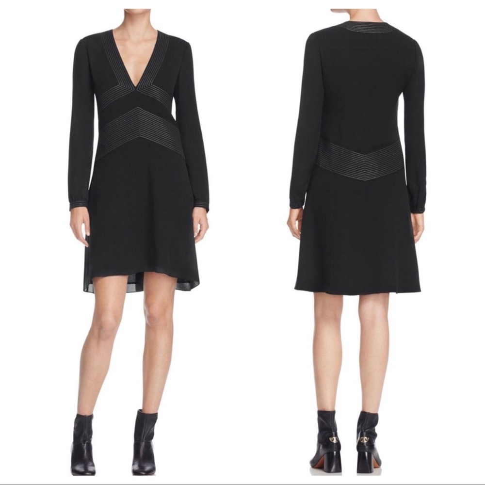 Tory Burch Verenne 100% Silk Embroidered Black V-Neck Dress Size 2 NWT